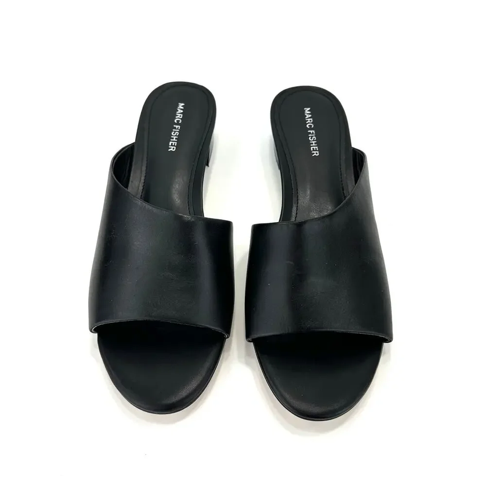 Marc Fisher Oditi Low Block Heel Sandal Size 10 Black Leather Slide Asymmetrical